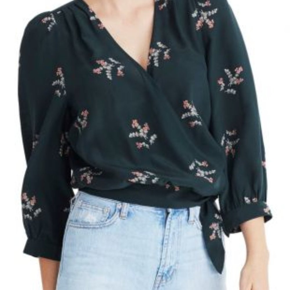 Dark green Madewell silk wrap top with floral pattern in size small